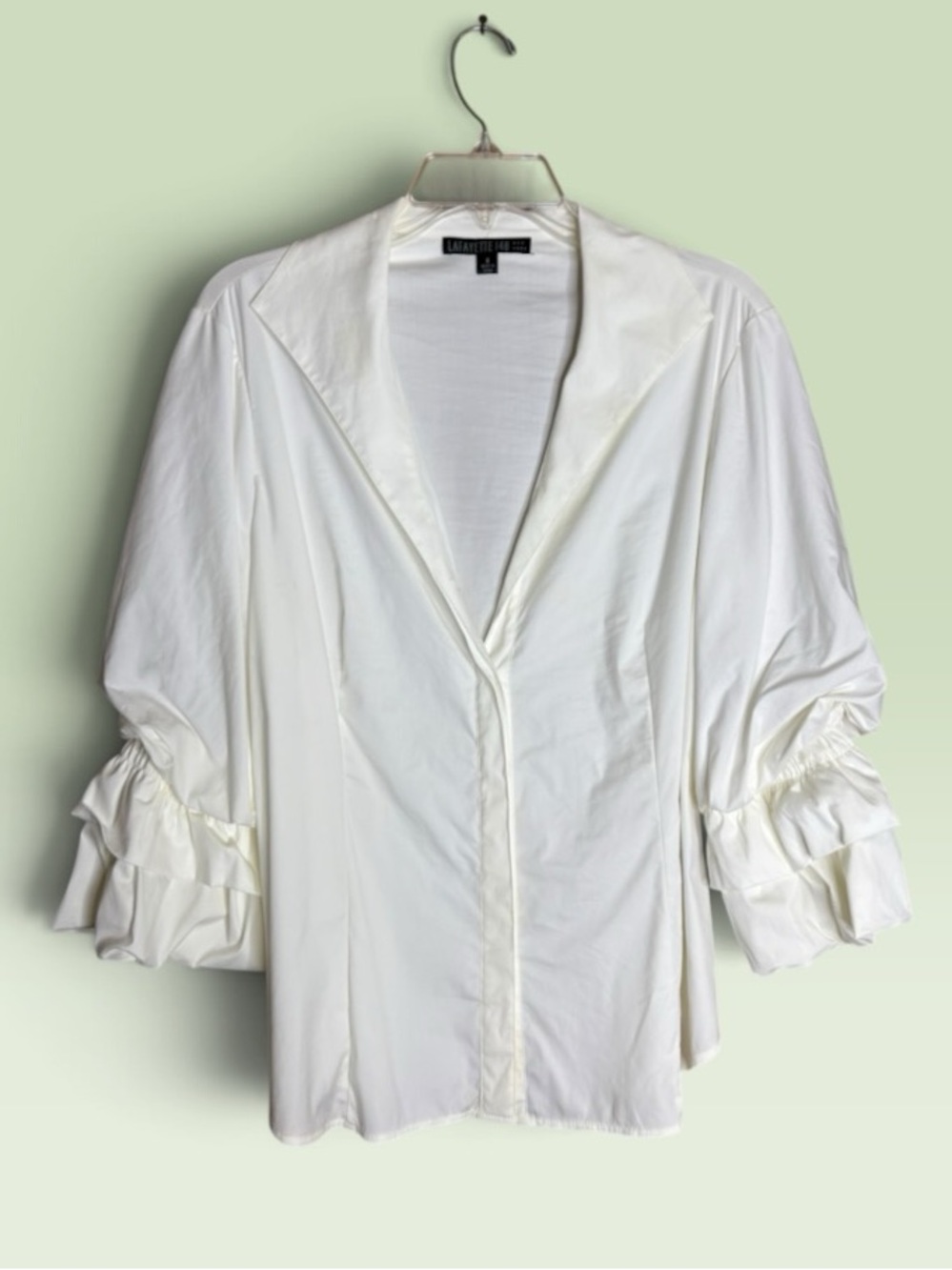 Lafayette 148 New York Size 8 Ivory Ruffle Sleeve Button Front Blouse